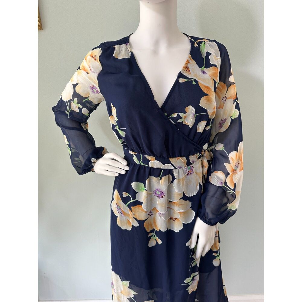 Dress Forum Floral Wrap Maxi Dress Navy Blue Sheer Long Sleeve Chiffon size S - Picture 5 of 9